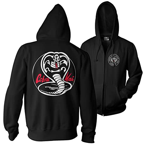 Cobra Kai Offizielles Lizenzprodukt Weiß Patches Zipped Kapuzenpullover (Schwarz), X-Large von Cobra Kai