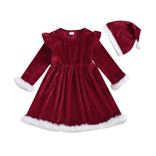 CocMouse Baby Mädchen Weihnachtskleid Samt Strampler Kleid Pelzbesatz Langarm Weihnachtsmann Overall Weihnachtsmütze Xmas Outfits, Stil 2, Rot, 86 von CocMouse