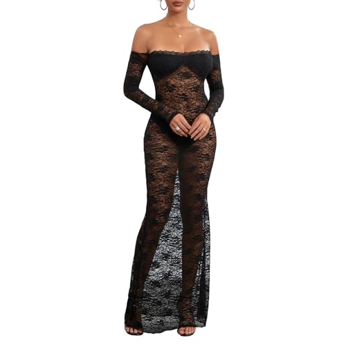 CocMouse Damen Vintage Y2k Spitze Maxikleid Langarm Schulterfrei Durchsichtiges Mesh Bodycon Kleid Sheer Club Langes Kleid, Schwarz , S CocMouse Damen Vintage Y2k Spitze Maxikleid Langarm Schulterfrei Durchsichtiges Mesh Bodycon Kleid Sheer Club Langes Kleid, Schwarz , S von CocMouse