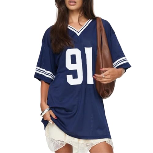 CocMouse Damen Y2k Oversized Jersey Shirts Sportlich Ästhetische Nummer Grafik Print Jersey Shirt Loose Fit Preppy Kleidung, C-Marineblau, M von CocMouse