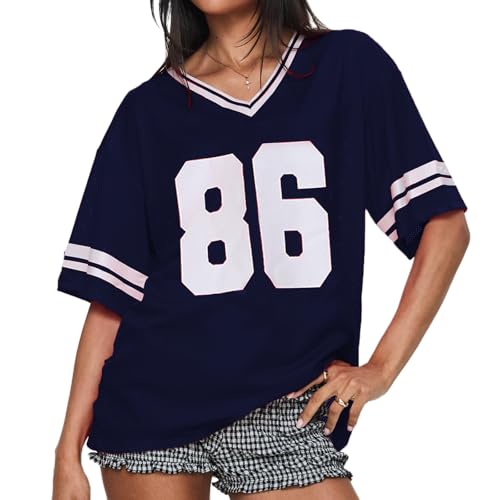 CocMouse Damen Y2k Oversized Jersey Shirts Sportlich Ästhetische Nummer Grafik Print Jersey Shirt Loose Fit Preppy Kleidung, Dunkelblau, XL von CocMouse