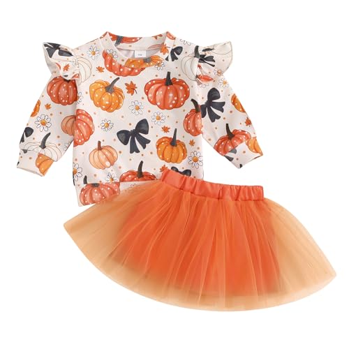 CocMouse Kleinkind Mädchen Halloween Outfit Kürbis Langarm Sweatshirt+Tüll Tutu Rock Set Halloween Baby Herbst Winter Kleidung (F Orange, 18-24 Months) von CocMouse