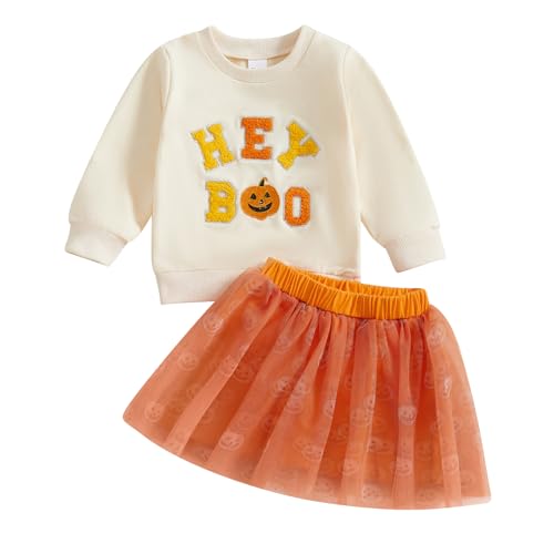 CocMouse Kleinkind Mädchen Halloween Outfit Kürbis Langarm Sweatshirt+Tüll Tutu Rock Set Halloween Baby Herbst Winter Kleidung (K Apricot, 2-3T) von CocMouse