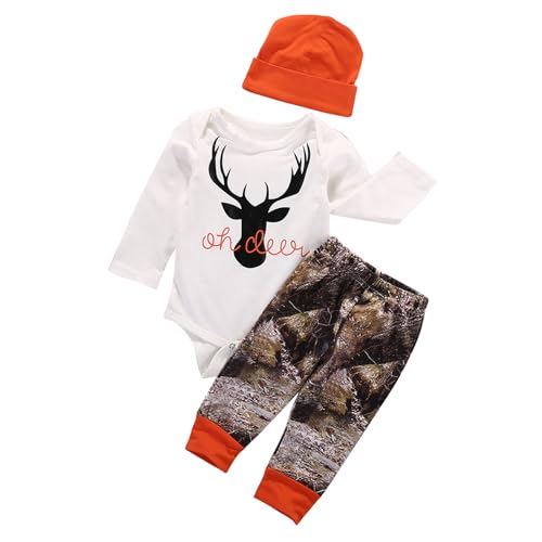 CocMouse Neugeborenes Baby Junge Herbst Outfit Brief Geweih Langarm Strampler Hose Hut 3Pc Jagd Kleidung Set Weihnachten Outfit (A Orange, 0-3 Months) von CocMouse