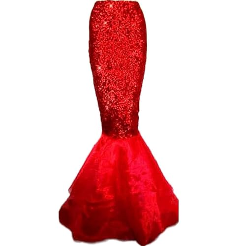 Damen Meerjungfrauenschwanz Kostüm Rollenspiel Meerjungfrau Maxi Röcke Fancy Pailletten Glitzer Cosplay Halloween Party Kleid, rot, L von CocMouse