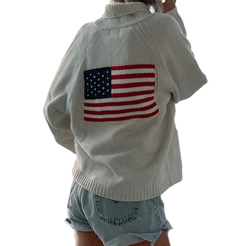 Damen-Strickjacke mit amerikanischer Flagge, langärmelig, Schalkragen, vorne offen, Knopfleiste, Grobstrick, Varsity-Tops, weiß, XL von CocMouse