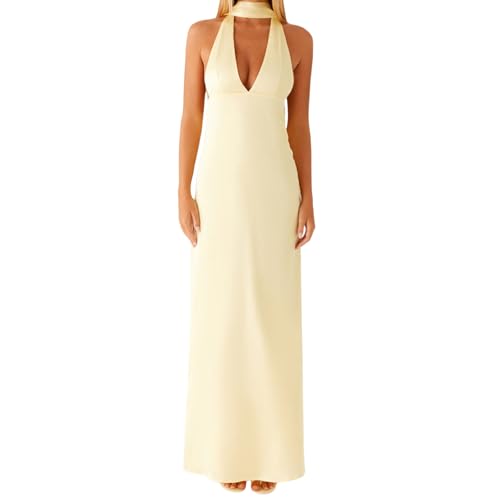 Damen Y2K Blumen-Maxikleid rückenfrei, ärmellos, figurbetont, lang, Strandurlaub, formelles Cocktail-Sommerkleid, C-Gelb, L von CocMouse