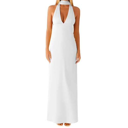 Damen Y2K Blumen-Maxikleid rückenfrei, ärmellos, figurbetont, lang, Strandurlaub, formelles Cocktail-Sommerkleid, C-weiß, S von CocMouse