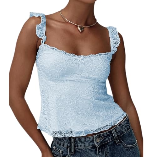 Damen Y2k Spitze Cami Tank Tops Low Cut Slim Fit Ärmellos Spaghettiträger Tank Crop Tops Vintage Fee Streetwear, himmelblau, S von CocMouse
