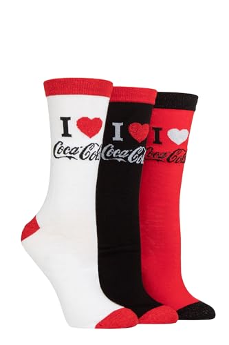 Coca-Cola Damen Liebe Rohr Socken - Offiziell lizensiert Damen Spaß Neuheit Logo Socken in einem 3 Paar Multipack Größe 37-42 Rot/Weiß/Schwarz von Coca Cola