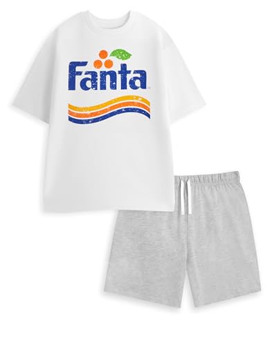 Coca-Cola Fanta Herren Pyjama-Set mit kurzen Ärmeln und kurzen Beinen in Weiß und Grau | Loungewear-Nachtwäsche mit Logo-Print | Bequeme Nachtwäsche zum Entspannen | Fanta Merch von Coca-Cola
