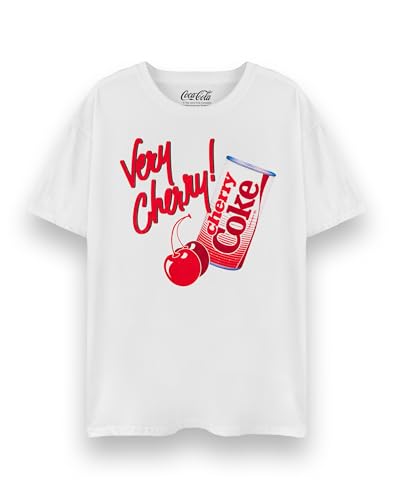 Coca Cola Kirsch Damen T-Shirt | Erwachsene Original Logo Kurzarm Grafikshirt in Weiß | Abgetragenes Cherry Coke Vintage Kurzarm Top | Soda Kohlensäurehaltige Getränke Merchandise von Coca-Cola
