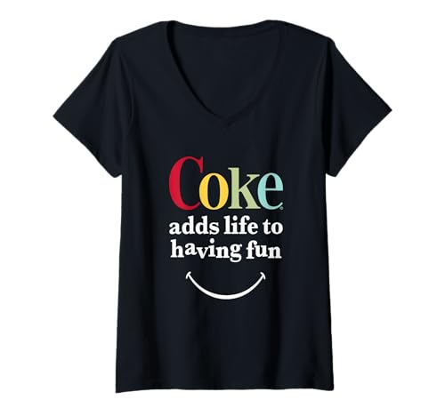 Damen Coca-Cola Adds Life to Having Fun Colourful Smile Text Logo T-Shirt mit V-Ausschnitt von Coca-Cola