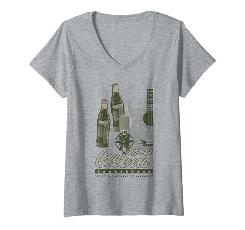 Damen Coca-Cola Along The Highway to Anywhere Distressed Poster T-Shirt mit V-Ausschnitt von Coca-Cola