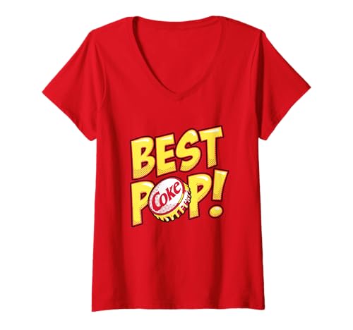 Damen Coca-Cola Classic Best Pop! Cap Vintage Big Chest Text Logo T-Shirt mit V-Ausschnitt von Coca-Cola