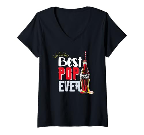 Damen Coca-Cola Classic Best Pop Ever Vintage Big Chest Text Logo T-Shirt mit V-Ausschnitt von Coca-Cola