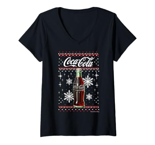 Damen Coca-Cola Classic Bottle Christmas Sweater Style T-Shirt mit V-Ausschnitt von Coca-Cola