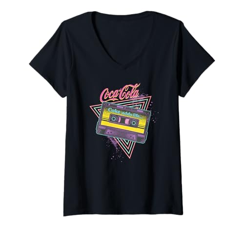 Damen Coca-Cola Coke Adds Life Retro Neon Cassette Logo T-Shirt mit V-Ausschnitt von Coca-Cola