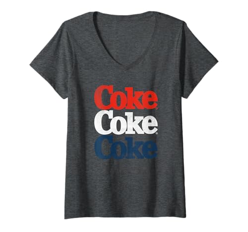 Damen Coca-Cola Coke Americana Logo Text Stack T-Shirt mit V-Ausschnitt von Coca-Cola