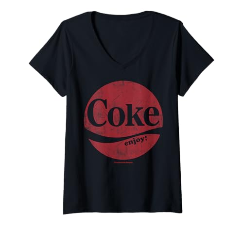 Damen Coca-Cola Coke Enjoy Distressed Logo T-Shirt mit V-Ausschnitt von Coca-Cola