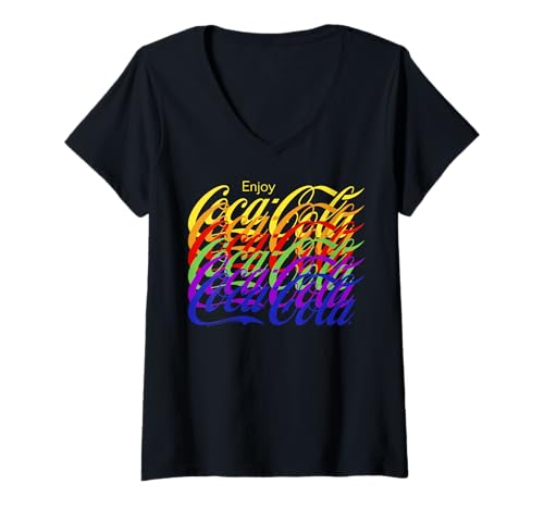 Damen Coca-Cola Colorful Text Overlay Logo T-Shirt mit V-Ausschnitt von Coca-Cola