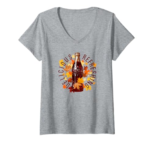 Damen Coca-Cola Delicious Refreshing Leaves Classic Bottle T-Shirt mit V-Ausschnitt von Coca-Cola
