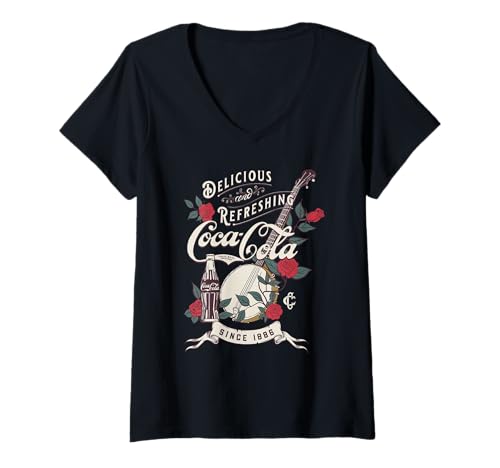 Damen Coca-Cola Delicious and Refreshing Since 1886 Vintage Logo T-Shirt mit V-Ausschnitt von Coca-Cola