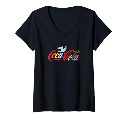Damen Coca-Cola Dove Rainbow Logo Text T-Shirt mit V-Ausschnitt von Coca-Cola