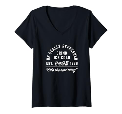 Damen Coca-Cola Drink Ice Cold Be Really Refreshed Vintage Logo T-Shirt mit V-Ausschnitt von Coca-Cola