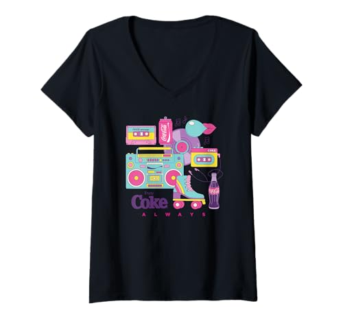 Damen Coca-Cola Enjoy Coke Always Retro Neon 80's Style Logo T-Shirt mit V-Ausschnitt von Coca-Cola