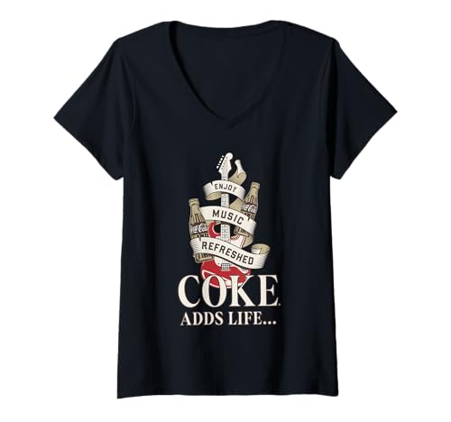 Damen Coca-Cola Enjoy Music Refreshed Coke Adds Life Retro T-Shirt mit V-Ausschnitt von Coca-Cola
