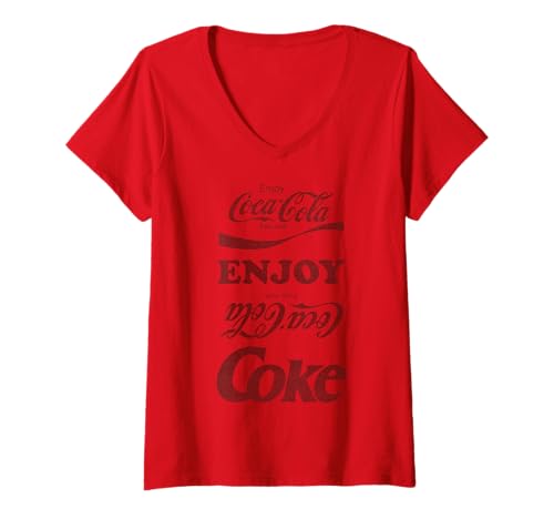 Damen Coca-Cola Enjoy Upside Down Text Stack T-Shirt mit V-Ausschnitt von Coca-Cola
