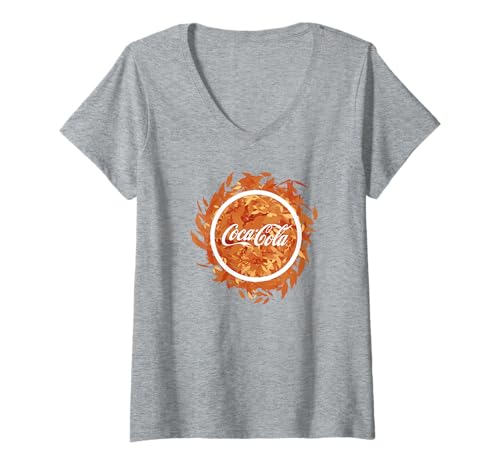 Damen Coca-Cola Fall Leaves Background Logo T-Shirt mit V-Ausschnitt von Coca-Cola