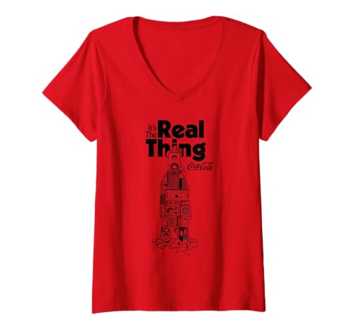 Damen Coca-Cola It's The Real Thing Speaker Bottle Logo T-Shirt mit V-Ausschnitt von Coca-Cola