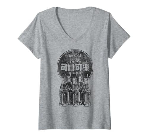 Damen Coca-Cola Kanji Distressed Logo T-Shirt mit V-Ausschnitt von Coca-Cola