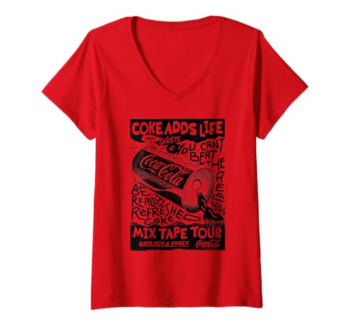Damen Coca-Cola Mix Tape Tour Refresh & Remix Retro Poster T-Shirt mit V-Ausschnitt von Coca-Cola