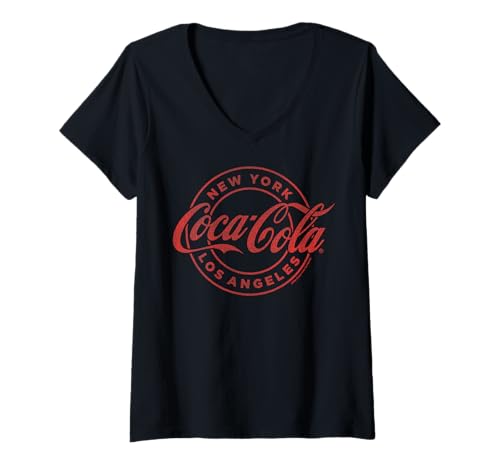 Damen Coca-Cola New York Los Angeles Circle Logo T-Shirt mit V-Ausschnitt von Coca-Cola