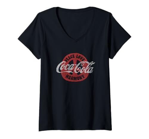 Damen Coca-Cola Peace Sign 70's Motif Sketch Coke Logo T-Shirt mit V-Ausschnitt von Coca-Cola