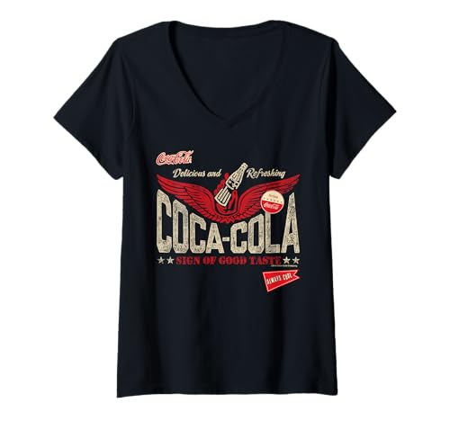 Damen Coca-Cola Sign of Good Taste Wings Vintage Logo T-Shirt mit V-Ausschnitt von Coca-Cola