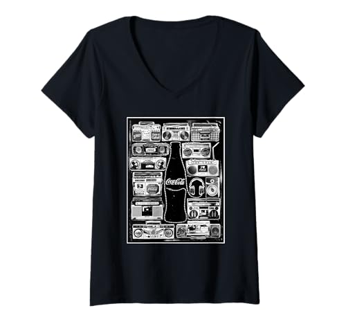 Damen Coca-Cola The Pause That Refreshes Vintage Boombox Collage T-Shirt mit V-Ausschnitt von Coca-Cola