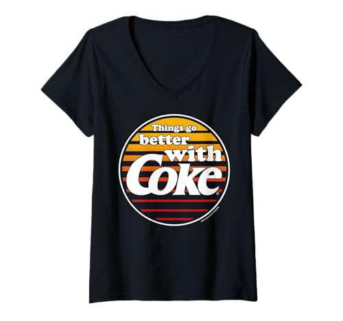 Damen Coca-Cola Things Go Better with Coke Retro Striped Logo T-Shirt mit V-Ausschnitt von Coca-Cola