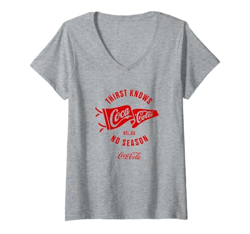 Damen Coca-Cola Thirst Knows Flag ATL. Ga No Season Classic Logo T-Shirt mit V-Ausschnitt von Coca-Cola