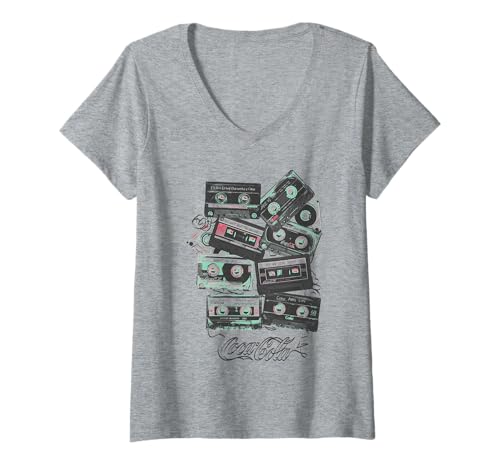 Damen Coca-Cola Vintage Music Cassettes Collection Distressed T-Shirt mit V-Ausschnitt von Coca-Cola