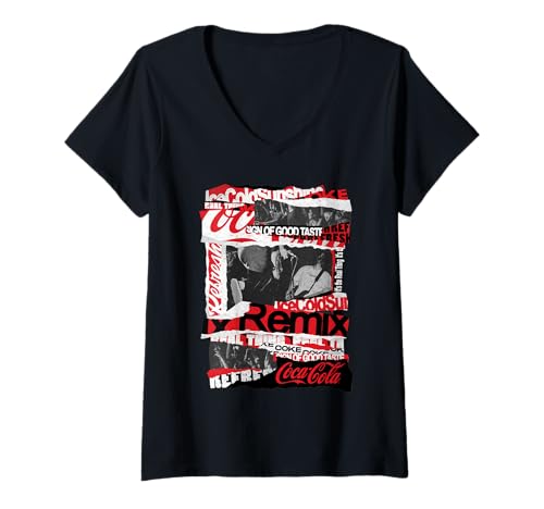 Damen Coca-Cola Vintage Ripped Music Posters Collage T-Shirt mit V-Ausschnitt von Coca-Cola