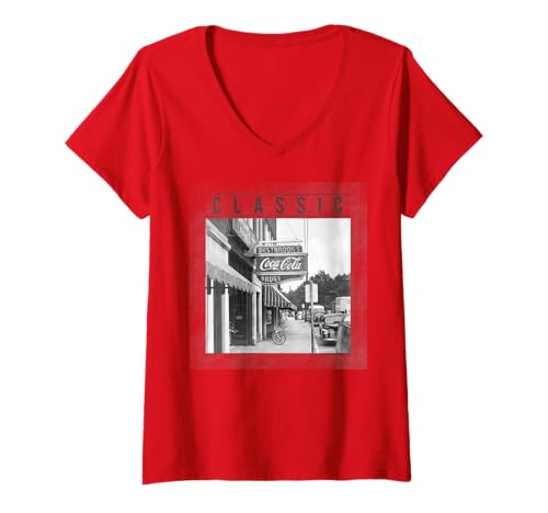 Damen Coca-Cola Vintage Store Front Sign Photograph T-Shirt mit V-Ausschnitt von Coca-Cola