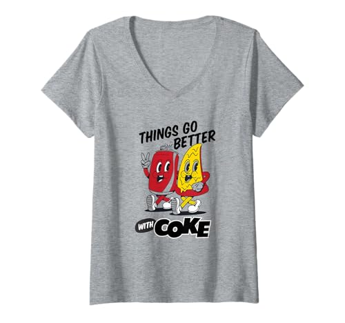 Damen Coca-Cola & Pizza Things Go Better with Coke Friends Retro T-Shirt mit V-Ausschnitt von Coca-Cola