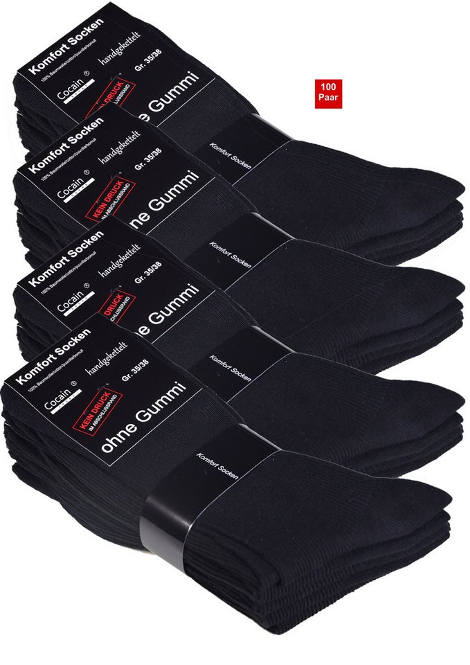 Cocain underwear Businesssocken 100 Paar Damen Herren Diabetiker Socken ohne Gummi schwarz 100% (100-Paar) ohne drückende Naht mit handgekettelte Spitze von Cocain underwear