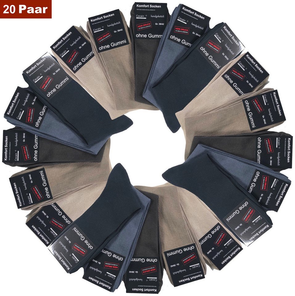 Cocain underwear Diabetikersocken Herren Damen Socken ohne Gummi Gesundheits-Socken farbig 100 Baumwolle (Spar-Set, 20-Paar) handgekettelte Spitze - ohne drückende Naht von Cocain underwear