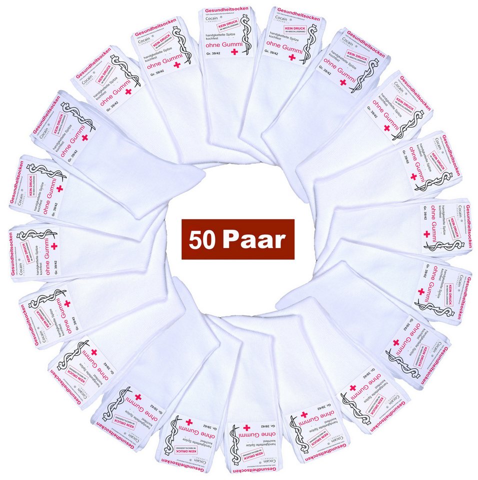 Cocain underwear Gesundheitssocken 50 Paar Damen Herren weisse Arzt Socken ohne Gummi Krankenschwester (50-Paar) kochfest - 100% Baumwolle - für Diabetiker geeignet von Cocain underwear