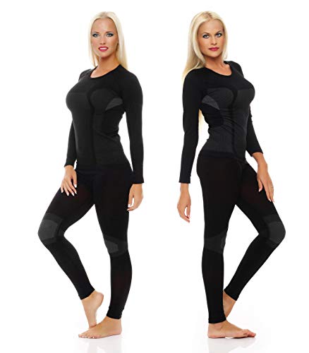 Skiunterwäsche für Damen als Hemd-Hose-Set oder 2 Hemden oder 2 Hosen auswählbar, Lang oder Kurz-Arm, funktionelle Thermowäsche seamless ohne störende Nähte, 1x Set Langarm Schwarz/Grau, S/M von Cocain underwear